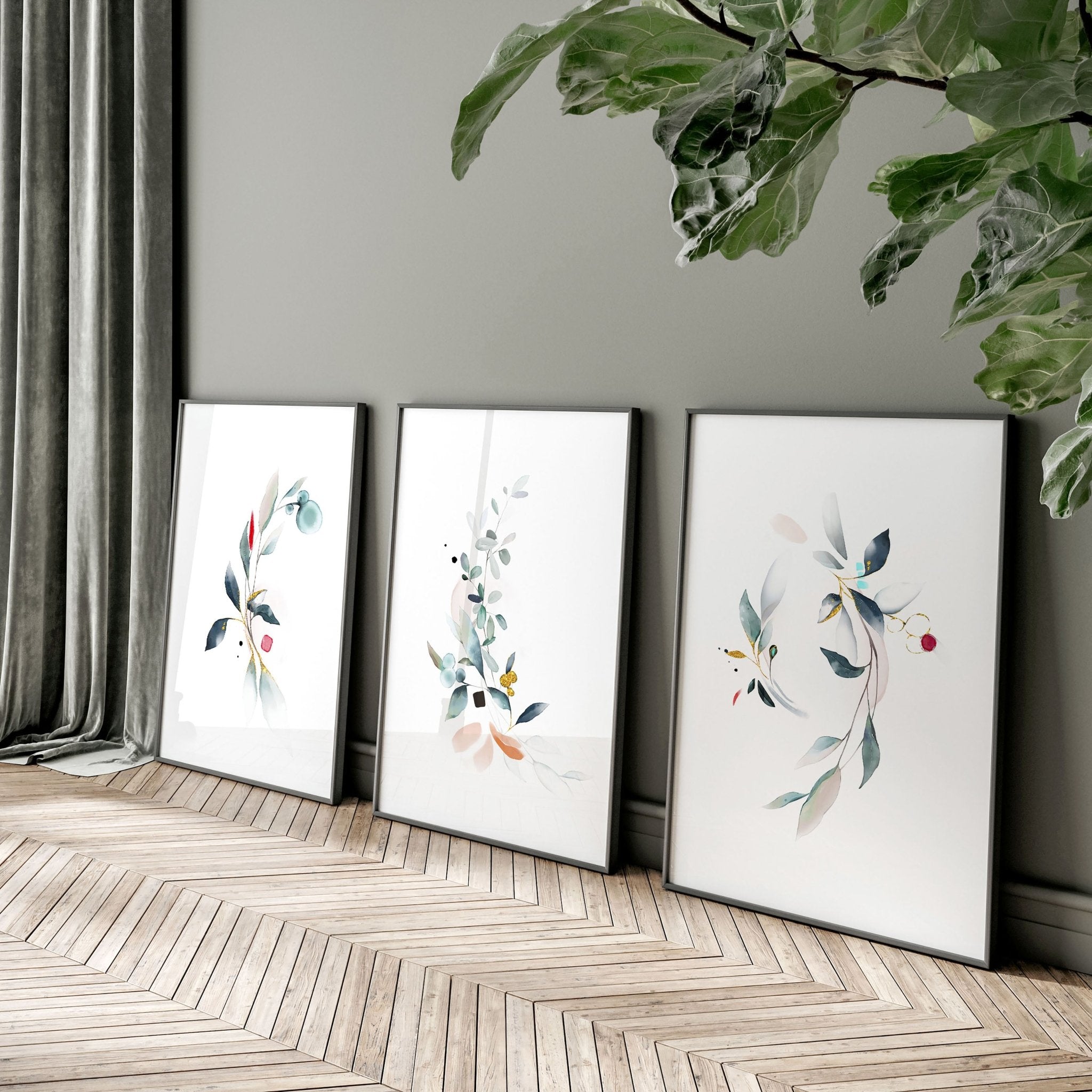 Set of 3 wall art prints featuring Watercolour Botanicals in Aqua and Teal tones, perfect for living room decor.