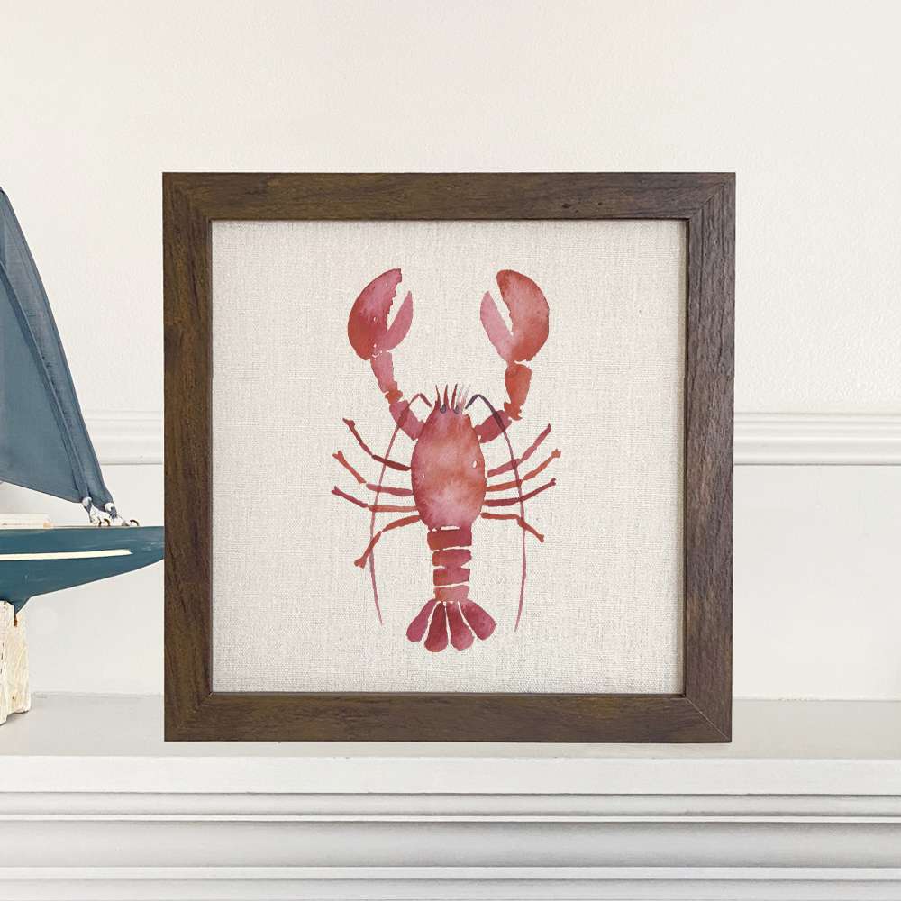 Lobster Framed Sign with a stylish wood frame and eco-friendly printing on a linen-look background.