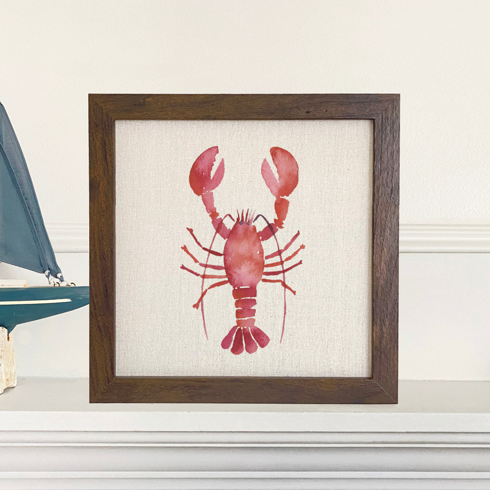 Lobster Framed Sign with a stylish wood frame and eco-friendly printing on a linen-look background.