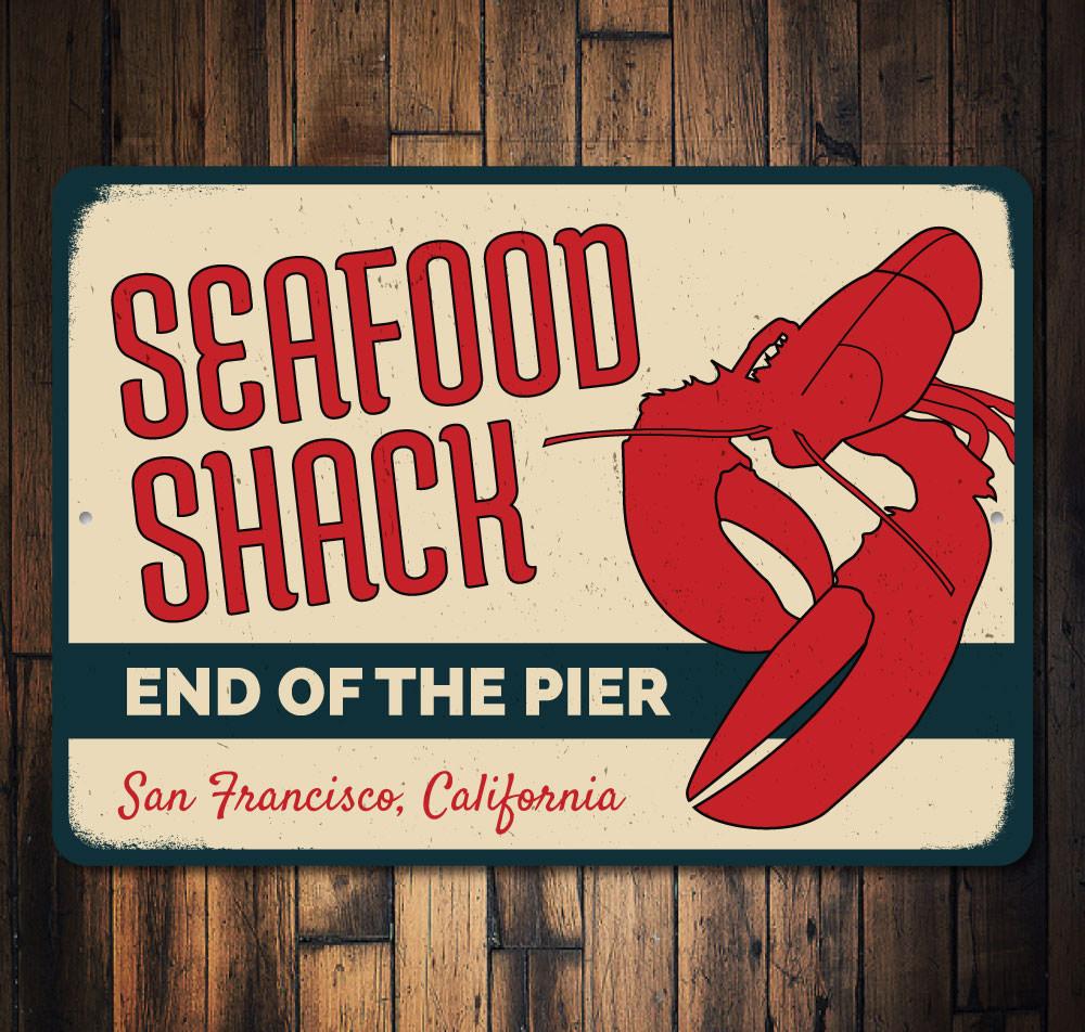 Lobster Seafood Shack Sign made of high-quality aluminum, featuring vibrant colors and customizable text, perfect for coastal decor.