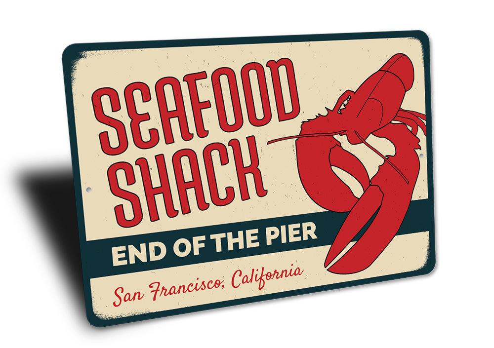 Lobster Seafood Shack Sign made of high-quality aluminum, featuring vibrant colors and customizable text, perfect for coastal decor.