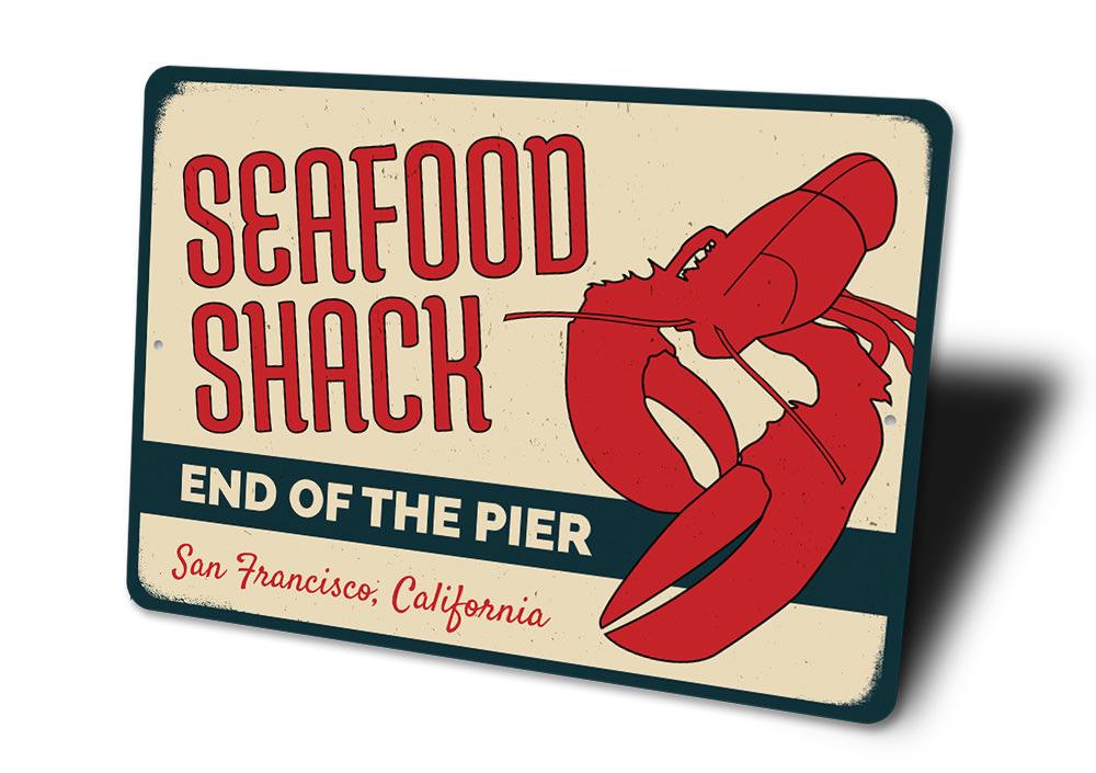 Lobster Seafood Shack Sign made of high-quality aluminum, featuring vibrant colors and customizable text, perfect for coastal decor.