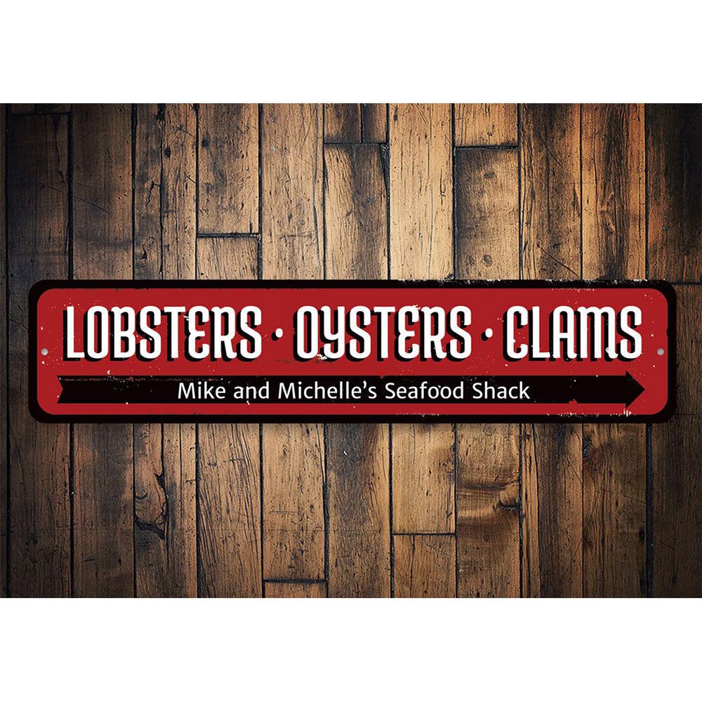 A decorative Lobsters Oysters Clams Sign made of high-quality aluminum, featuring vibrant colors and customizable text options, perfect for beach houses and seafood restaurants.