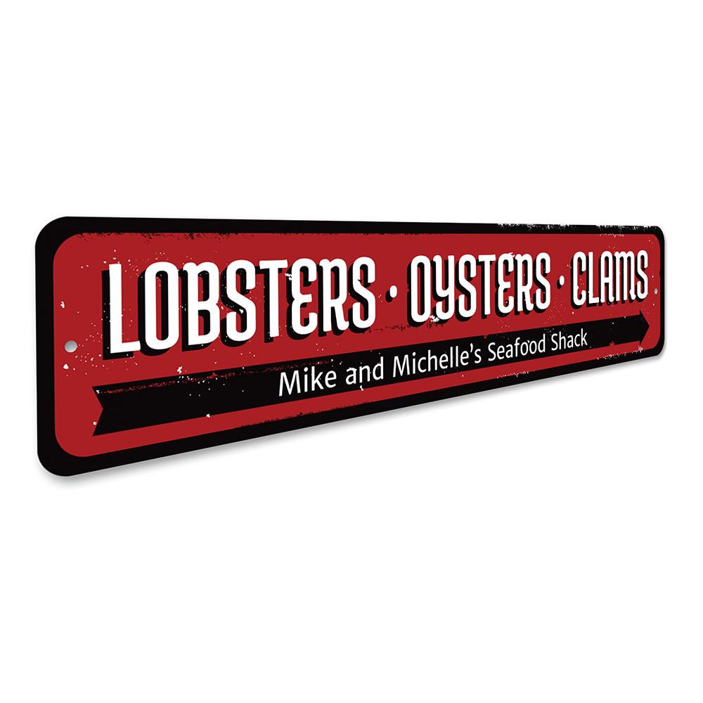 A decorative Lobsters Oysters Clams Sign made of high-quality aluminum, featuring vibrant colors and customizable text options, perfect for beach houses and seafood restaurants.