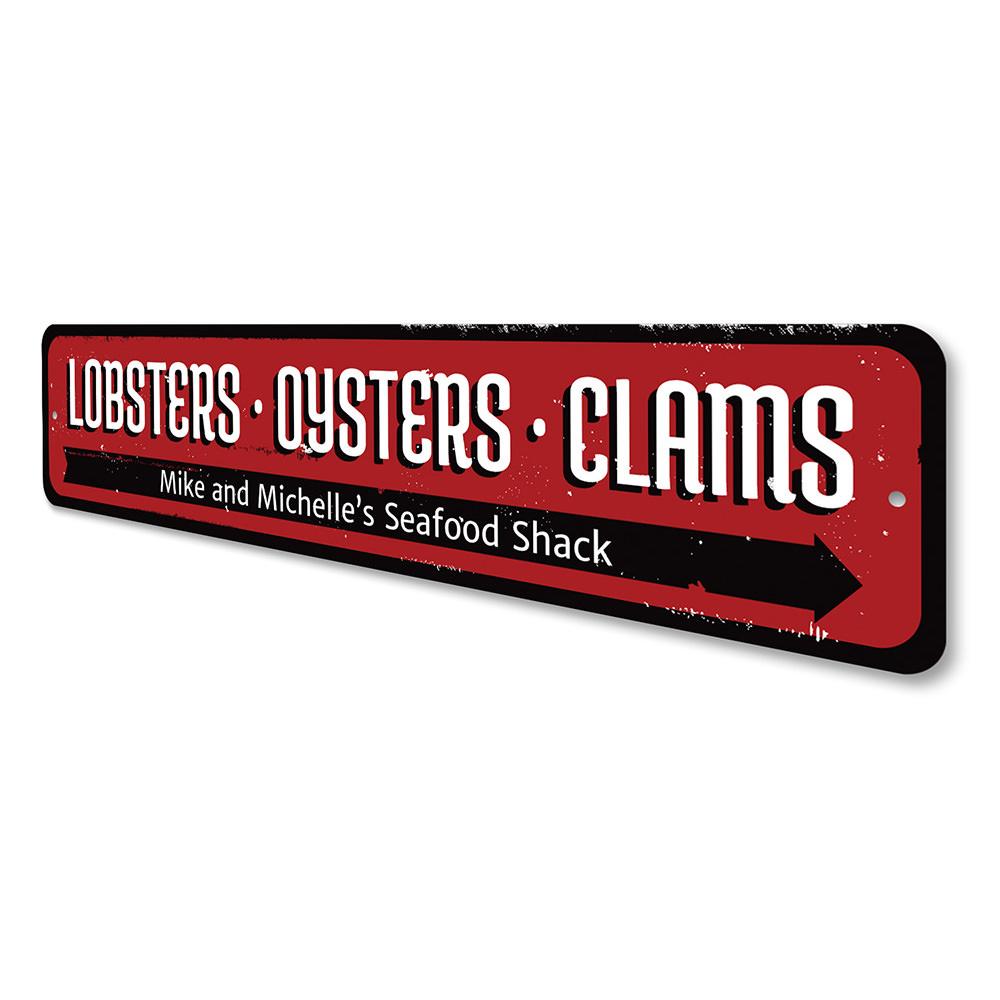 A decorative Lobsters Oysters Clams Sign made of high-quality aluminum, featuring vibrant colors and customizable text options, perfect for beach houses and seafood restaurants.