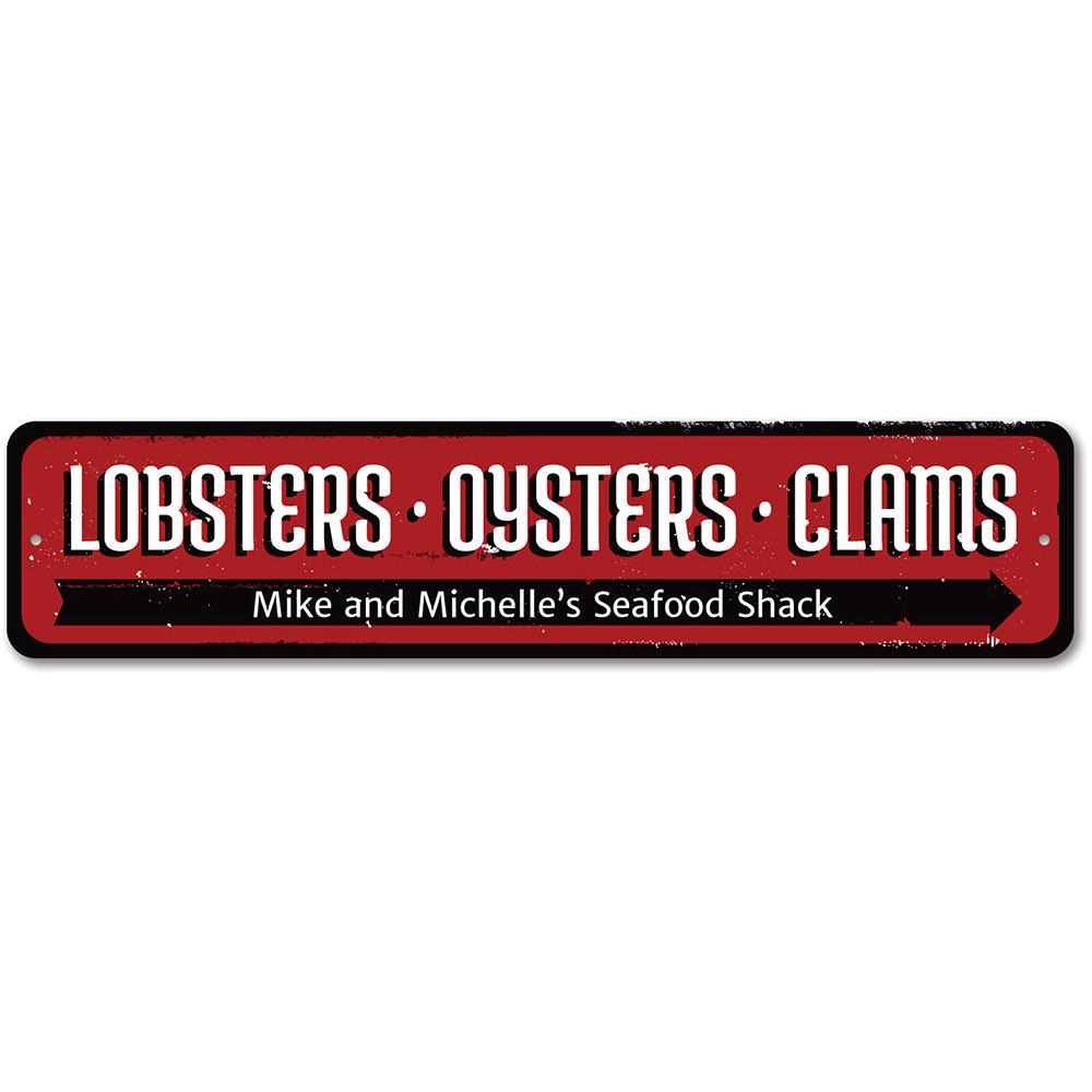 A decorative Lobsters Oysters Clams Sign made of high-quality aluminum, featuring vibrant colors and customizable text options, perfect for beach houses and seafood restaurants.