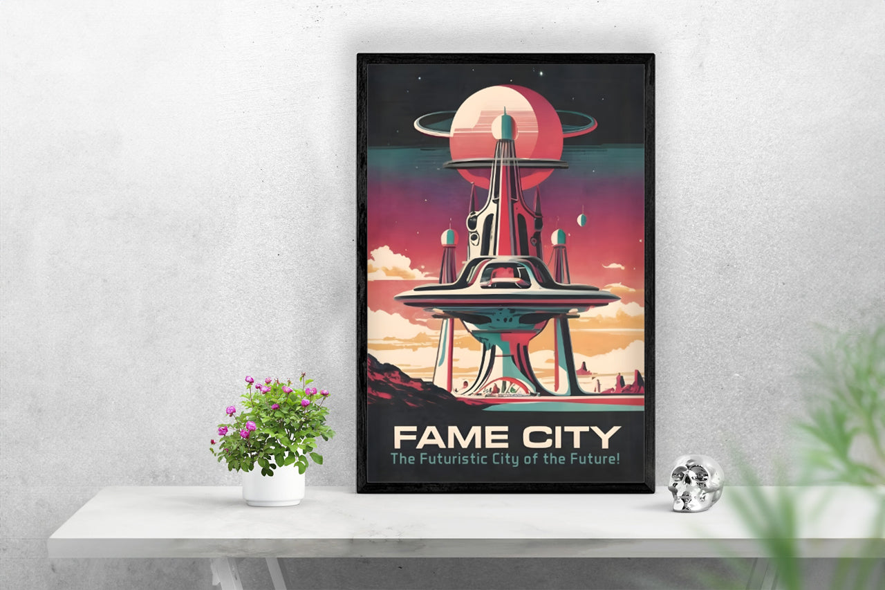 Local Fame City of the Future Poster Print framed in a solid MDF wood frame, showcasing vibrant graphics and a matte finish.
