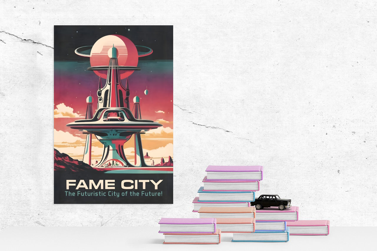 Local Fame City of the Future Poster Print framed in a solid MDF wood frame, showcasing vibrant graphics and a matte finish.