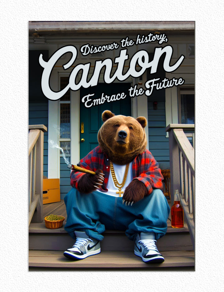 Local Visit Canton Poster featuring a bear on the porch, framed in a solid MDF wood frame, showcasing vibrant colors and a matte finish.