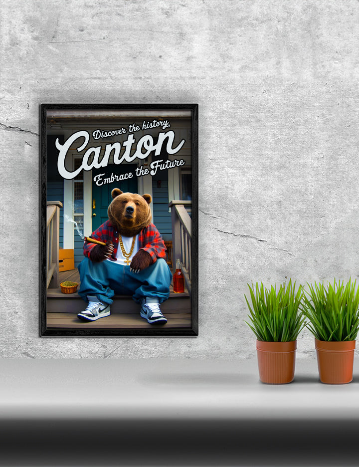 Local Visit Canton Poster featuring a bear on the porch, framed in a solid MDF wood frame, showcasing vibrant colors and a matte finish.