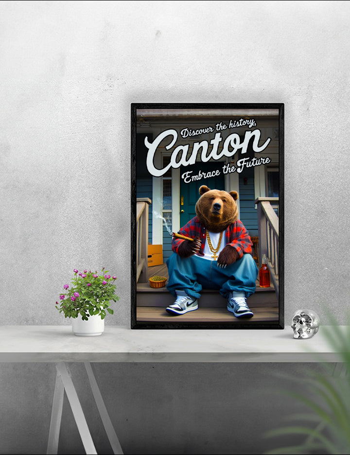 Local Visit Canton Poster featuring a bear on the porch, framed in a solid MDF wood frame, showcasing vibrant colors and a matte finish.