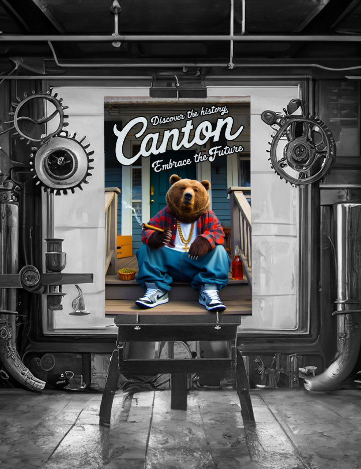 Local Visit Canton Poster featuring a bear on the porch, framed in a solid MDF wood frame, showcasing vibrant colors and a matte finish.