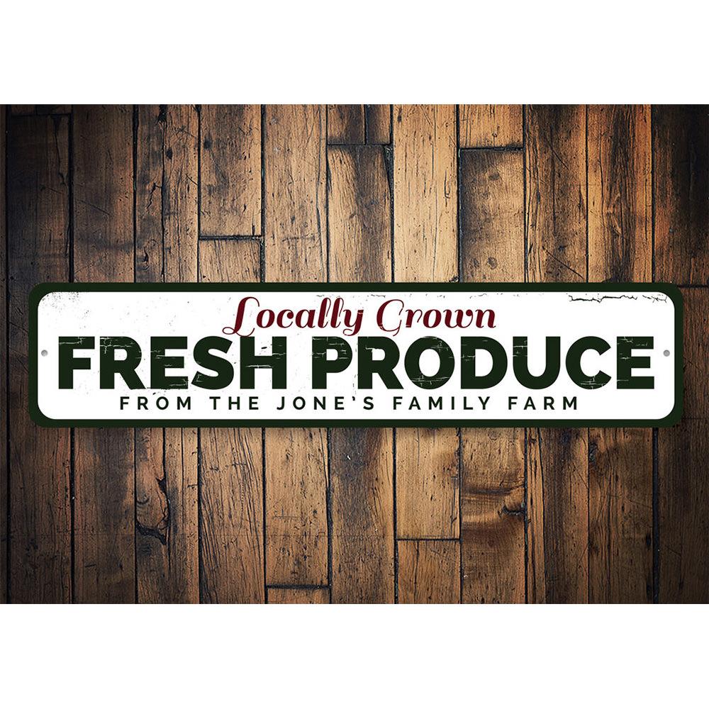 A decorative Locally Grown Fresh Produce Sign made of high-quality aluminum, featuring vibrant colors and customizable text, perfect for home decor.