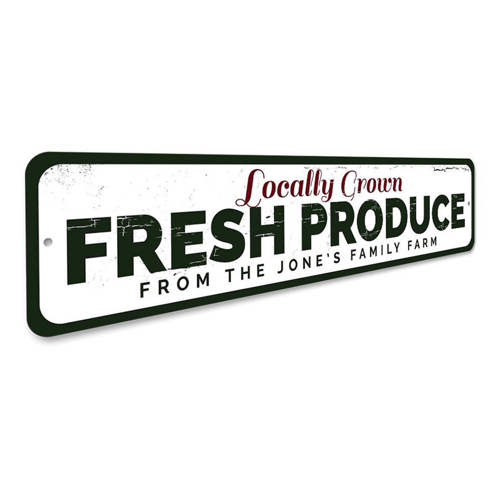 A decorative Locally Grown Fresh Produce Sign made of high-quality aluminum, featuring vibrant colors and customizable text, perfect for home decor.