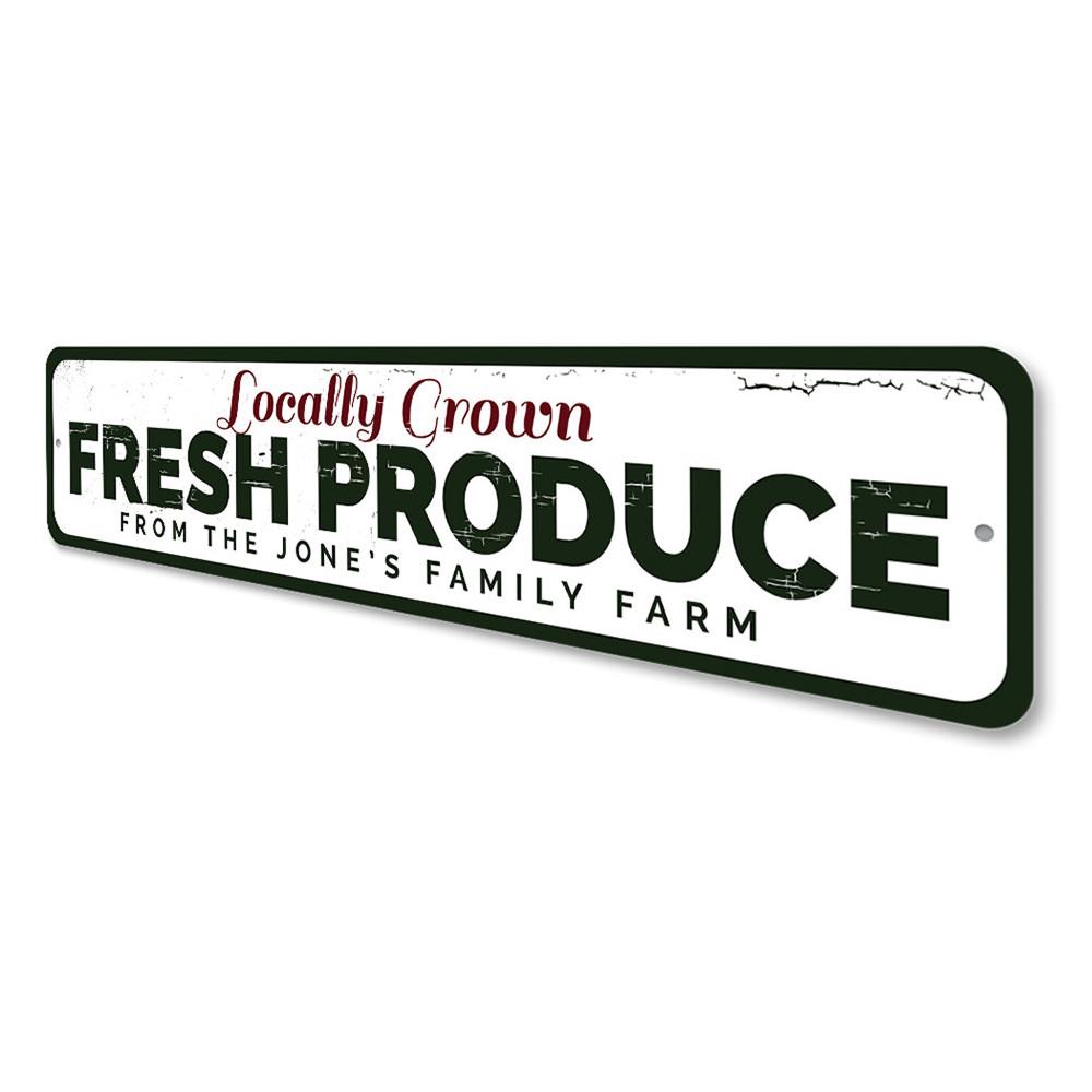 A decorative Locally Grown Fresh Produce Sign made of high-quality aluminum, featuring vibrant colors and customizable text, perfect for home decor.