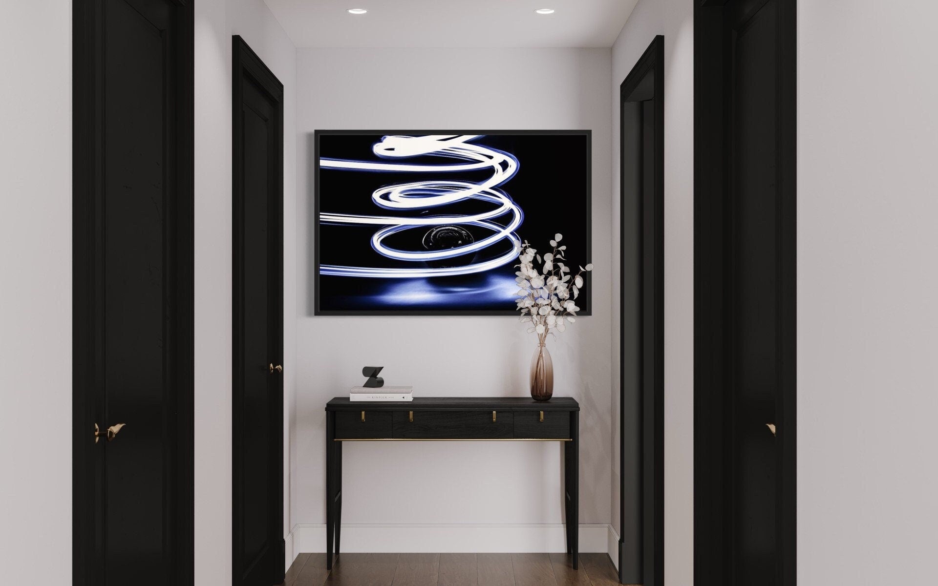 Long Exposure Black & Blue Ball Photography Print featuring vibrant blue light trails on a deep black background, showcasing dynamic movement.