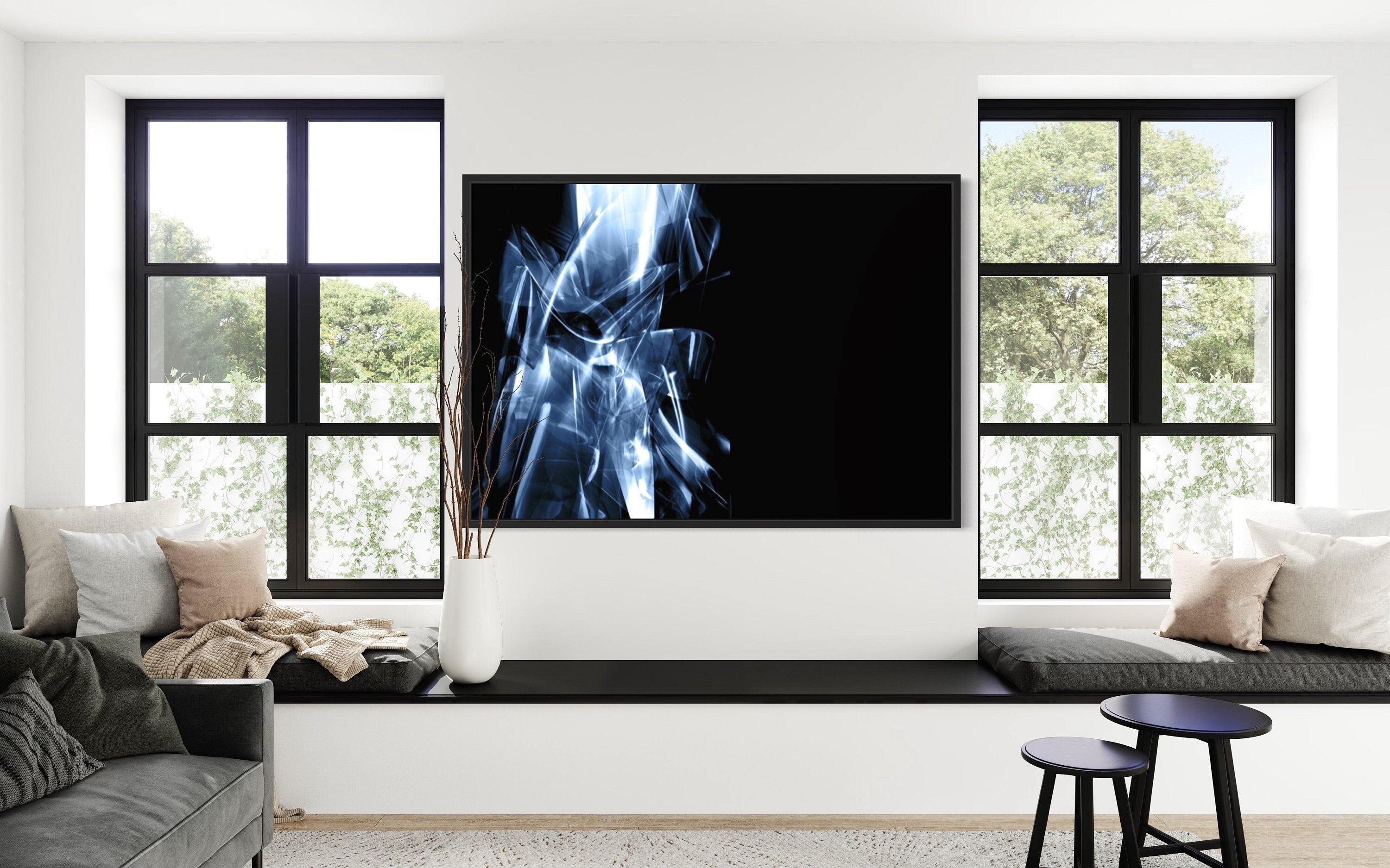 Long Exposure Black, White & Blue Print featuring mesmerizing light trails in vibrant blue and white against a sleek black background.