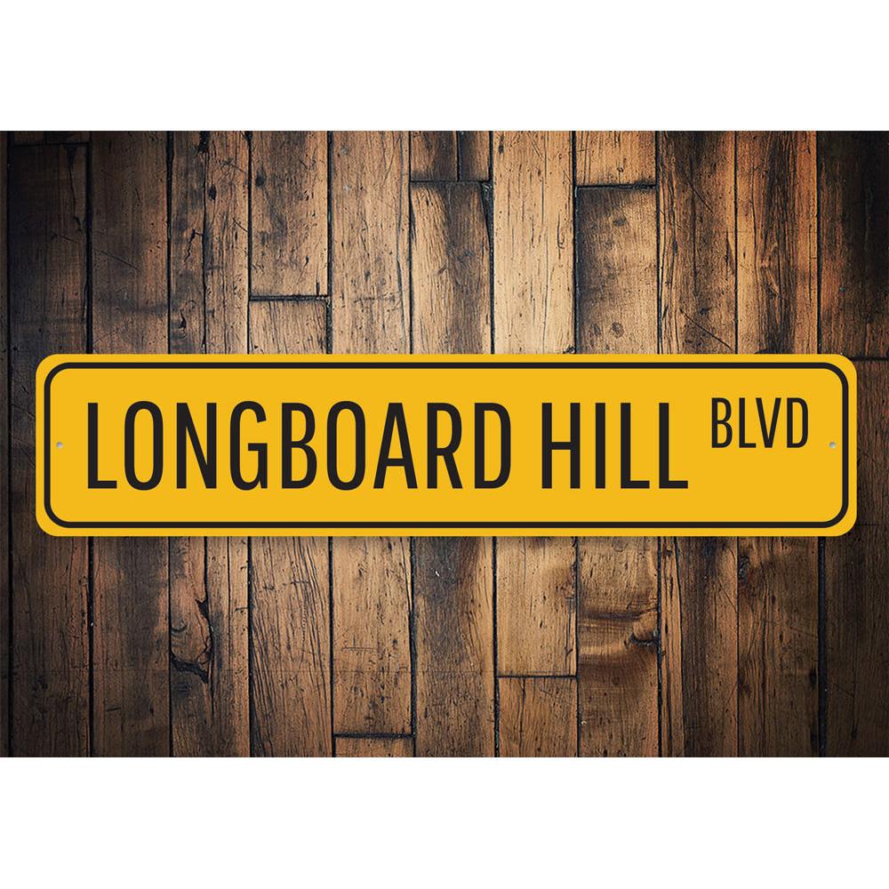 Longboard Hill Blvd Sign made of high-quality aluminum, featuring customizable text and pre-drilled holes for easy mounting.