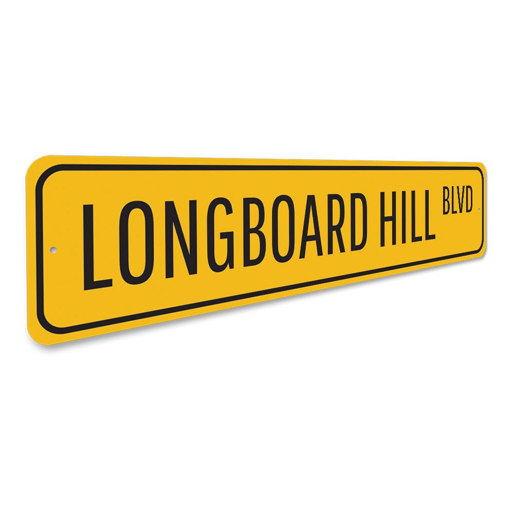 Longboard Hill Blvd Sign made of high-quality aluminum, featuring customizable text and pre-drilled holes for easy mounting.