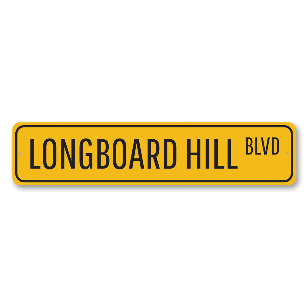 Longboard Hill Blvd Sign made of high-quality aluminum, featuring customizable text and pre-drilled holes for easy mounting.