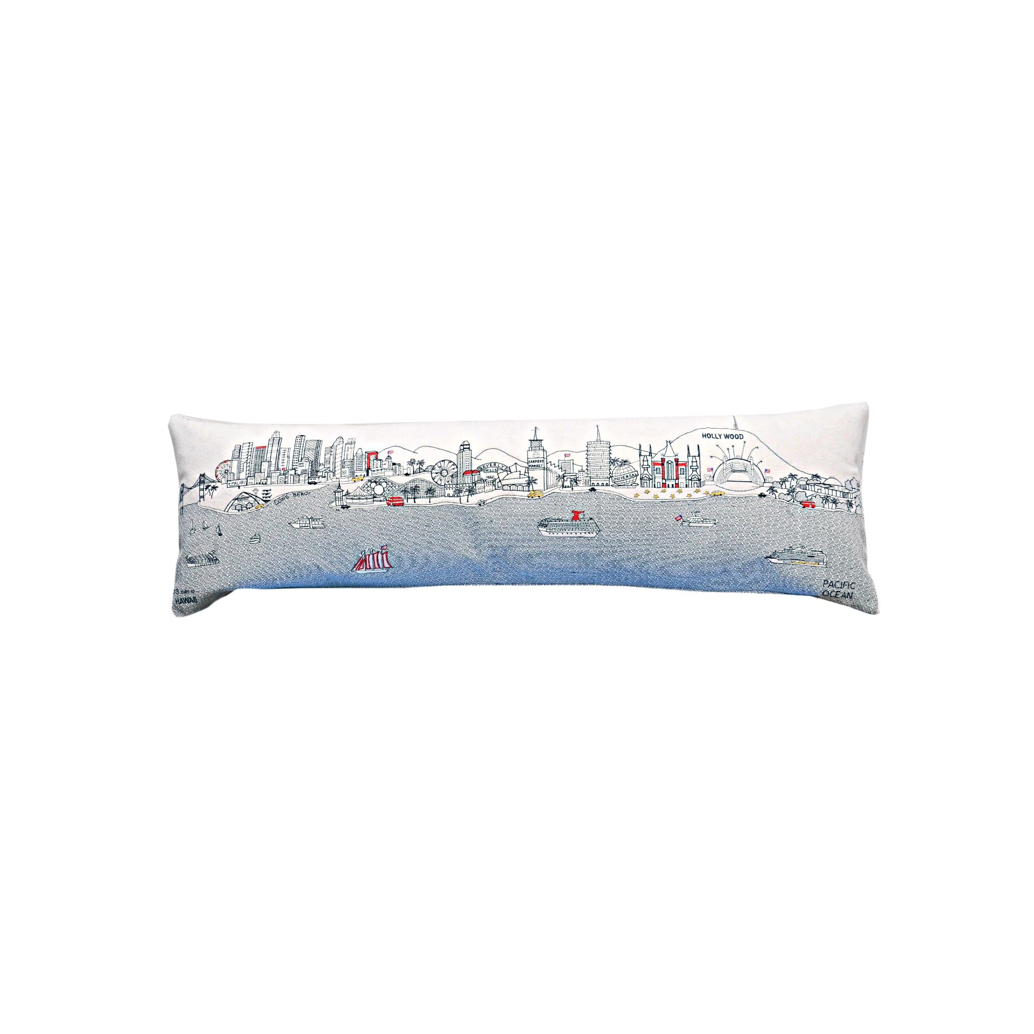 Los Angeles Pillow featuring embroidered landmarks like the Hollywood Sign and Griffith Observatory, with a red zipper at the bottom.