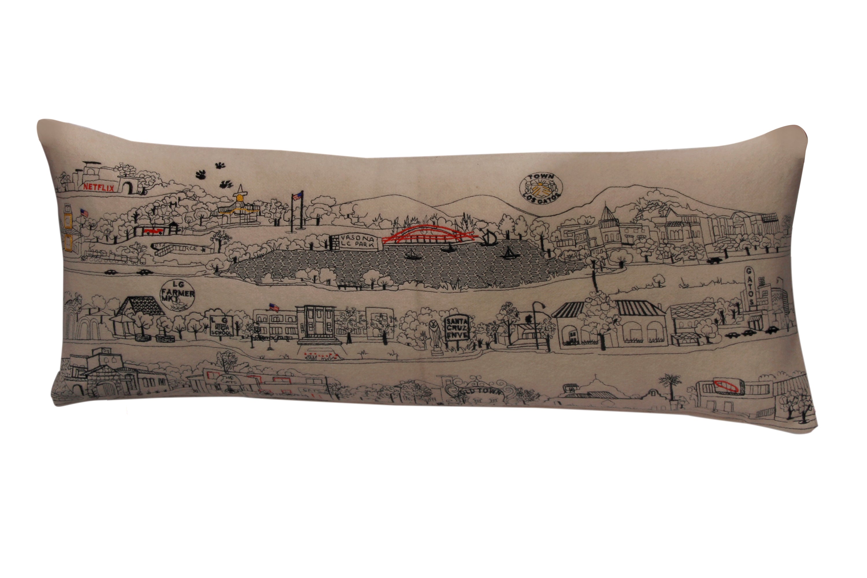 Los Gatos Pillow featuring charming design inspired by the town, with a red zipper and made from wool and nylon fabric.