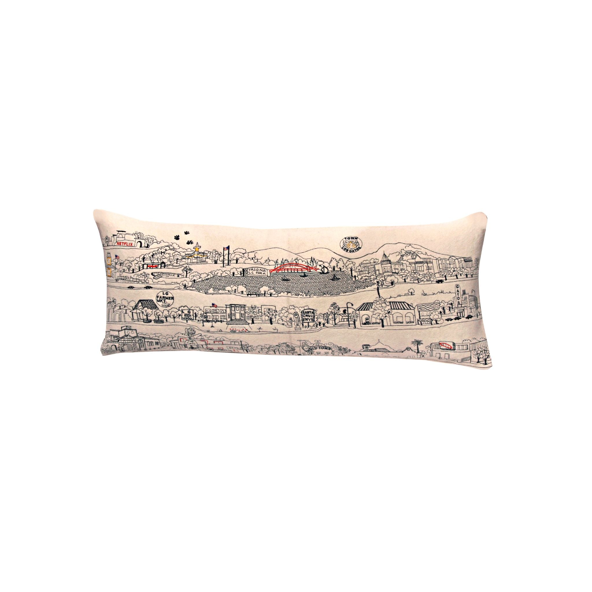 Los Gatos Pillow featuring charming design inspired by the town, with a red zipper and made from wool and nylon fabric.