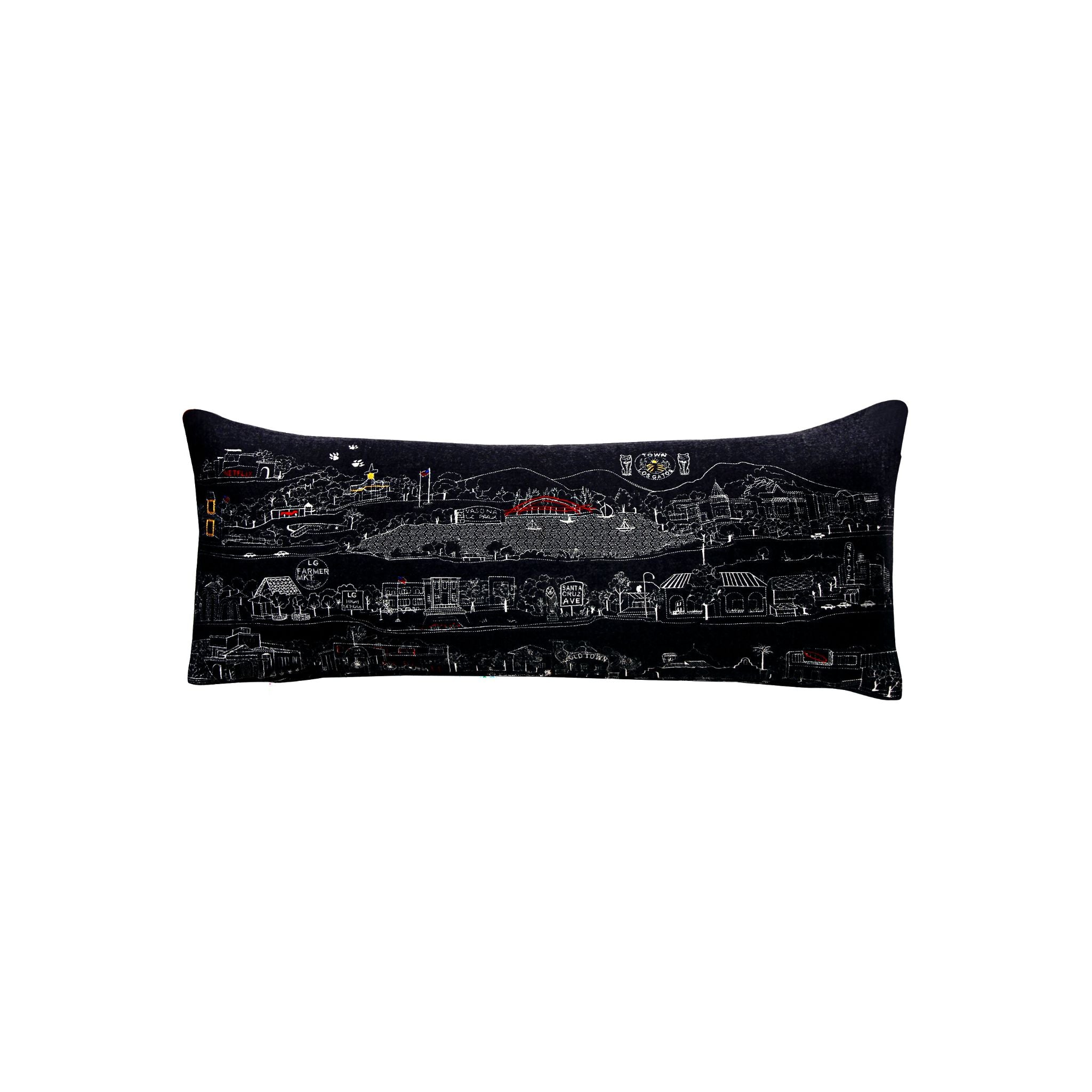 Los Gatos Pillow featuring charming design inspired by the town, with a red zipper and made from wool and nylon fabric.