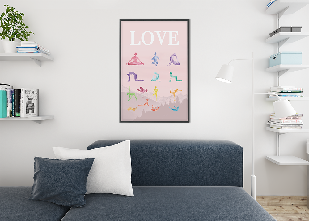 Love Yoga 14 Poses Premium Matte Poster showcasing 14 yoga poses on fine art paper with a matte finish.