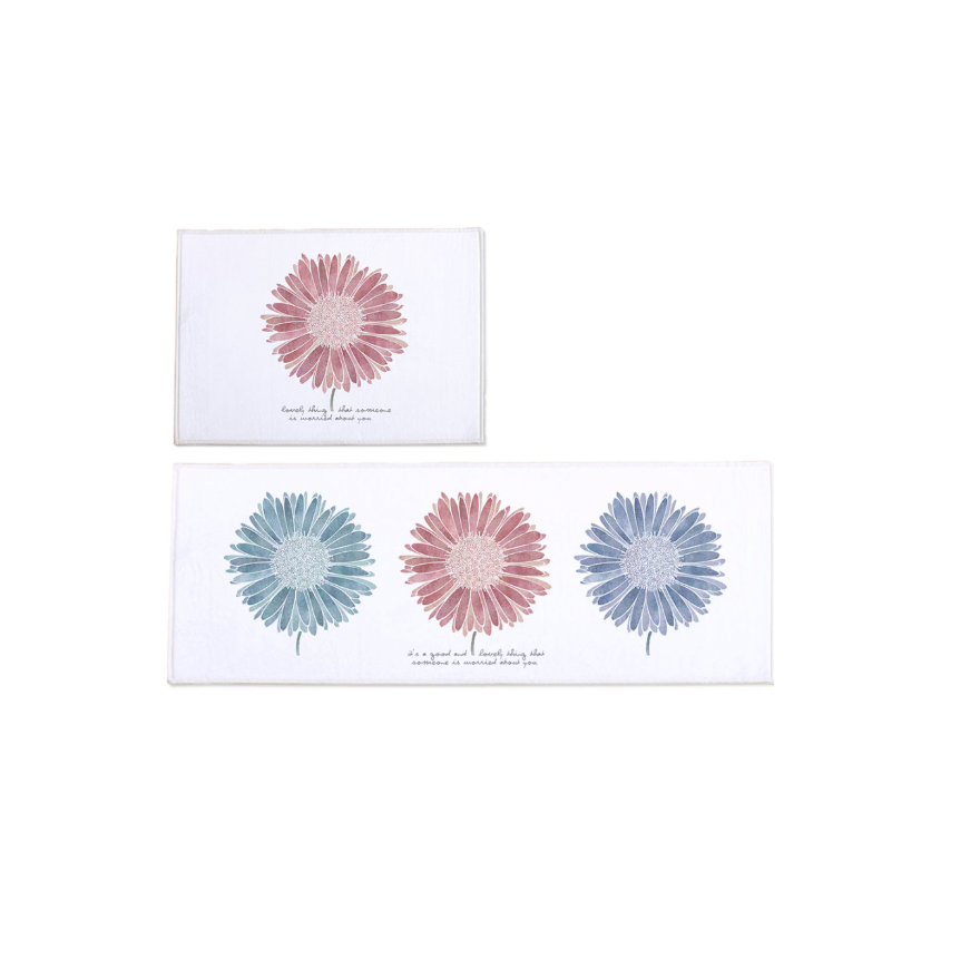 Lovely Daisy floor mat and kitchen mat set in stylish design, showcasing high-quality microfiber and non-slip features.
