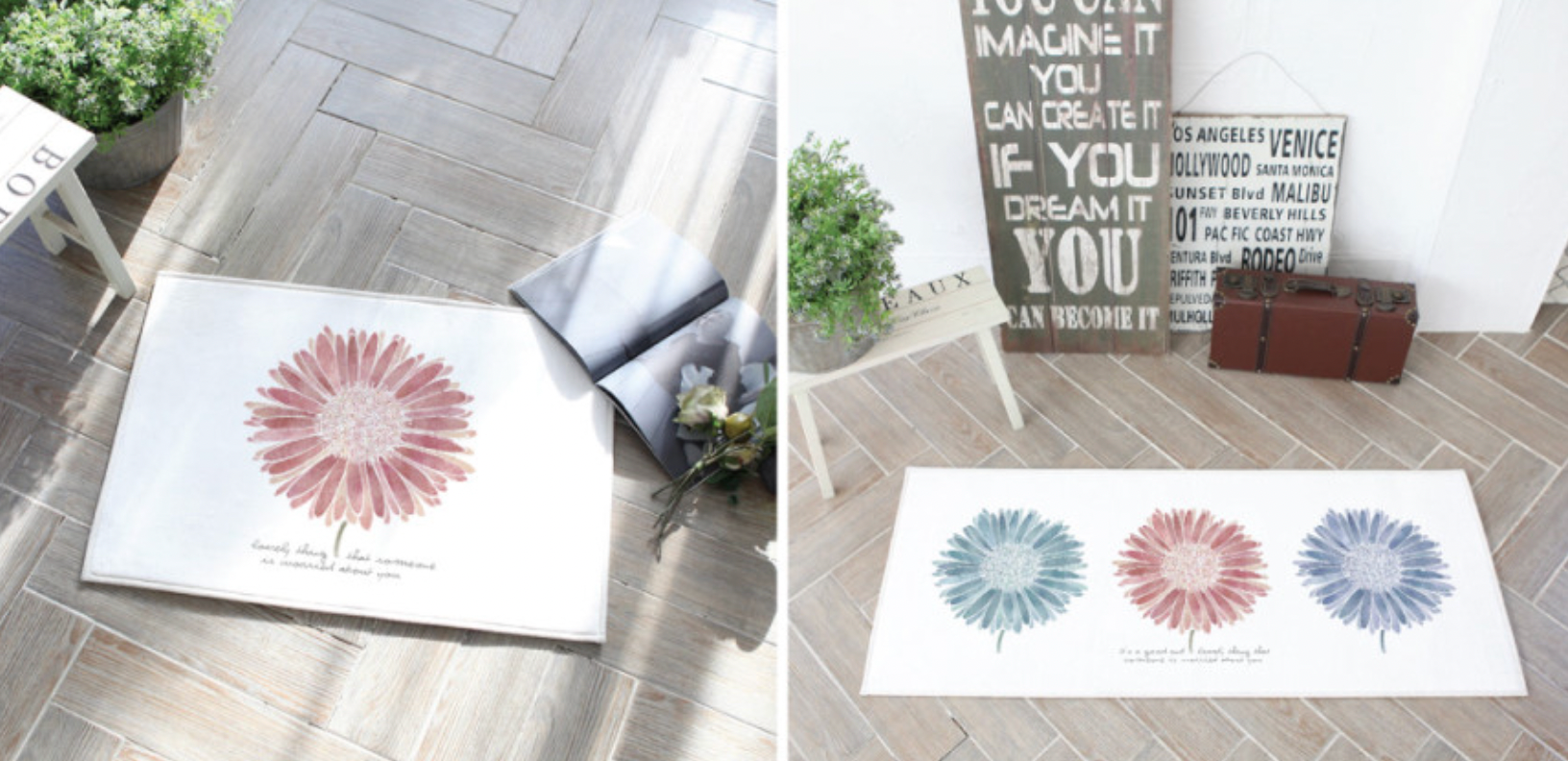 Lovely Daisy floor mat and kitchen mat set in stylish design, showcasing high-quality microfiber and non-slip features.