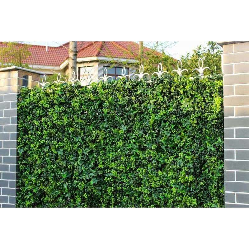 Luxury Mixed Ivy Artificial Hedge Fence Panels showcasing vibrant green leaves, perfect for creating a vertical garden or privacy screen.