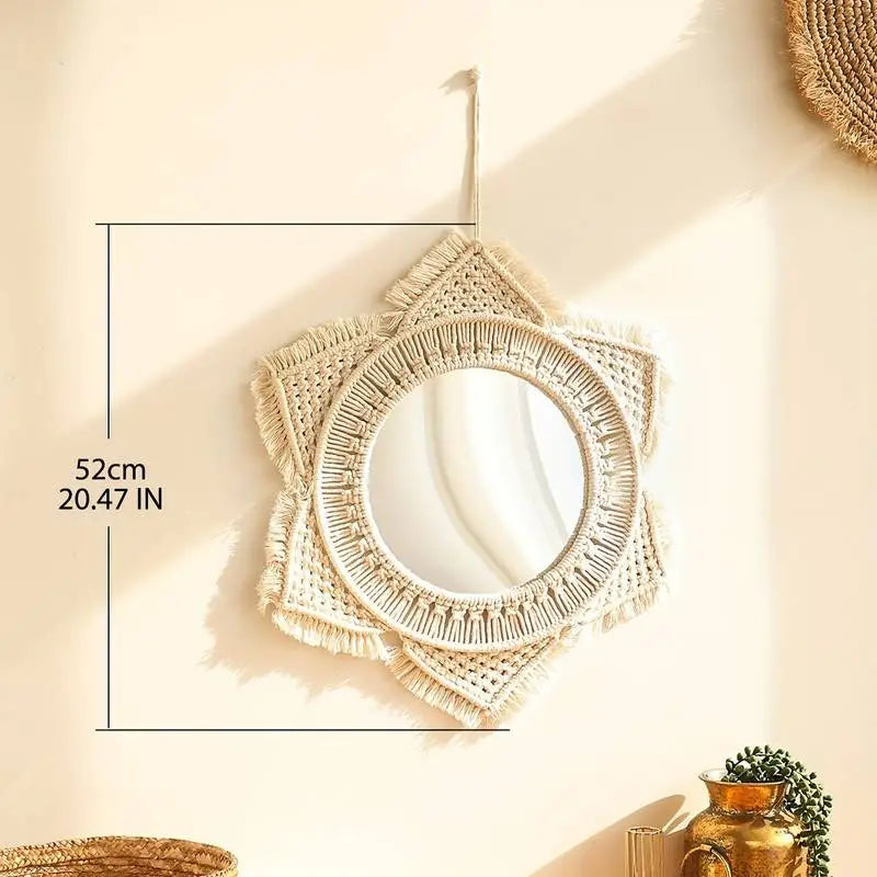 A beautifully crafted macrame hanging decorative wall mirror with intricate cotton rope design, perfect for boho chic decor.