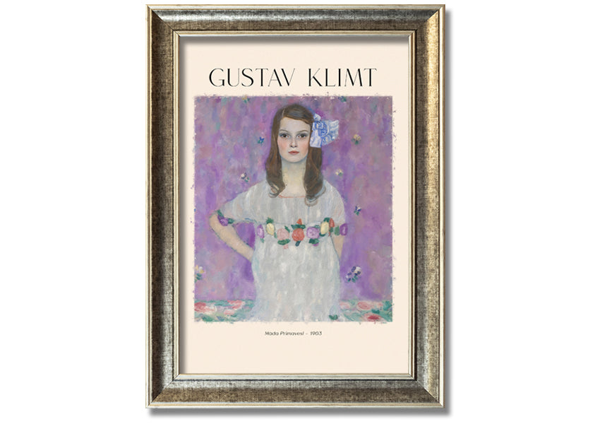 Mäda Primavesi - 1903 by Gustav Klimt, a vibrant canvas print featuring a young girl in a decorative dress, mounted on a box frame.