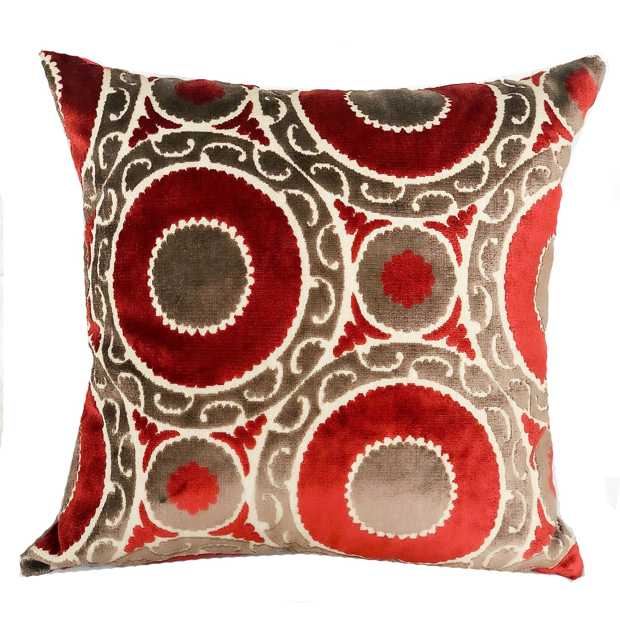 Madeline Red and Brown Handmade Luxury Pillow showcasing a geometric pattern with a rich color blend, featuring an invisible zipper and plush insert.
