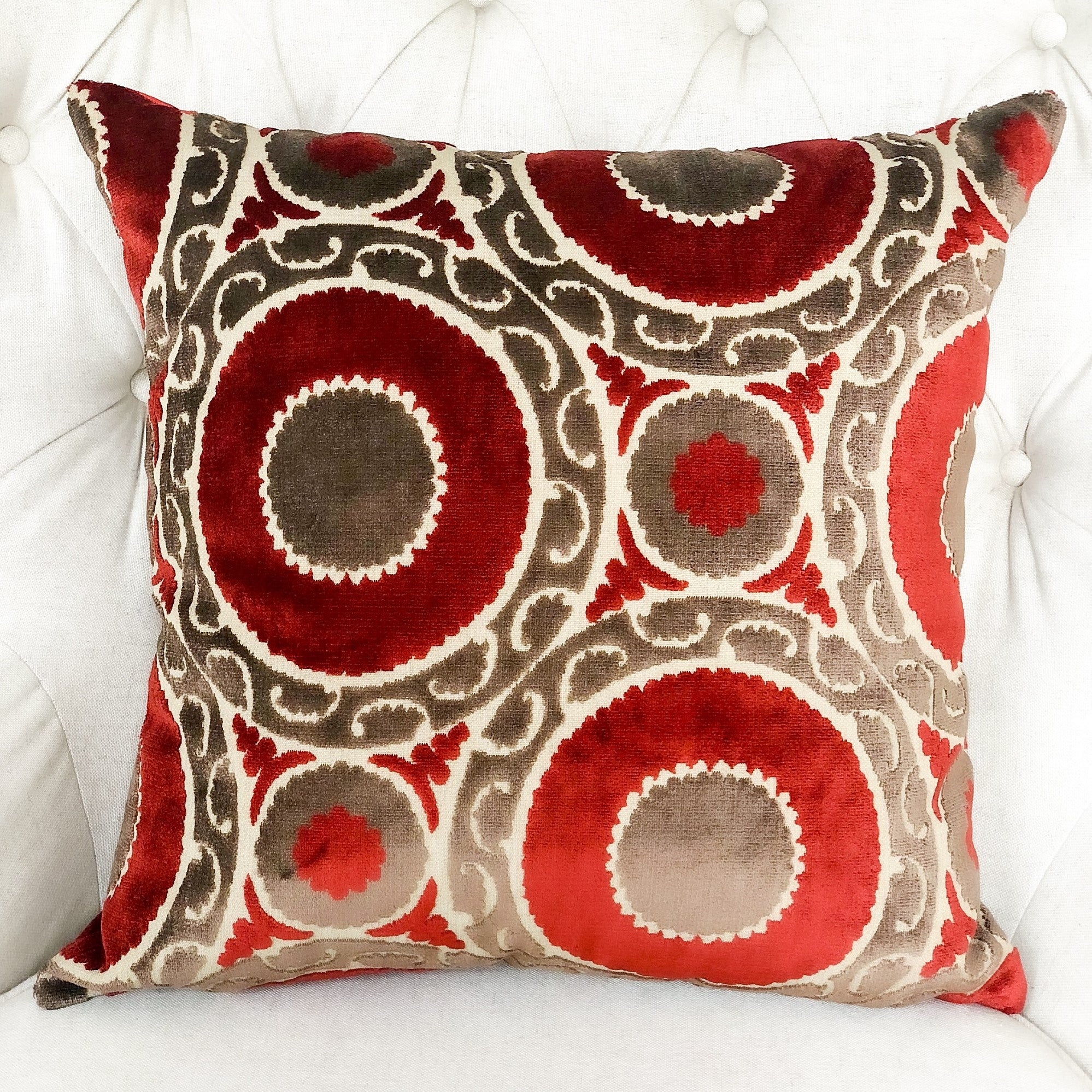 Madeline Red and Brown Handmade Luxury Pillow showcasing a geometric pattern with a rich color blend, featuring an invisible zipper and plush insert.