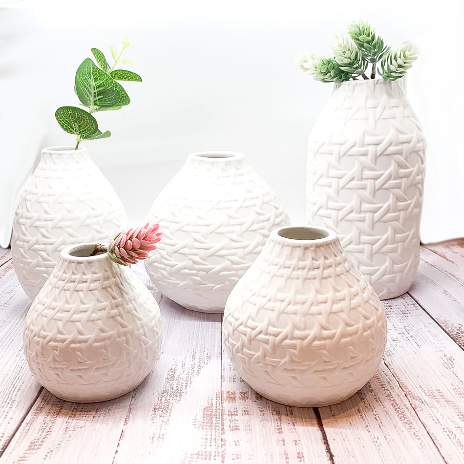 Madison Web Vases featuring embossed cane webbing design in assorted sizes, perfect for floral arrangements or as decorative pieces.