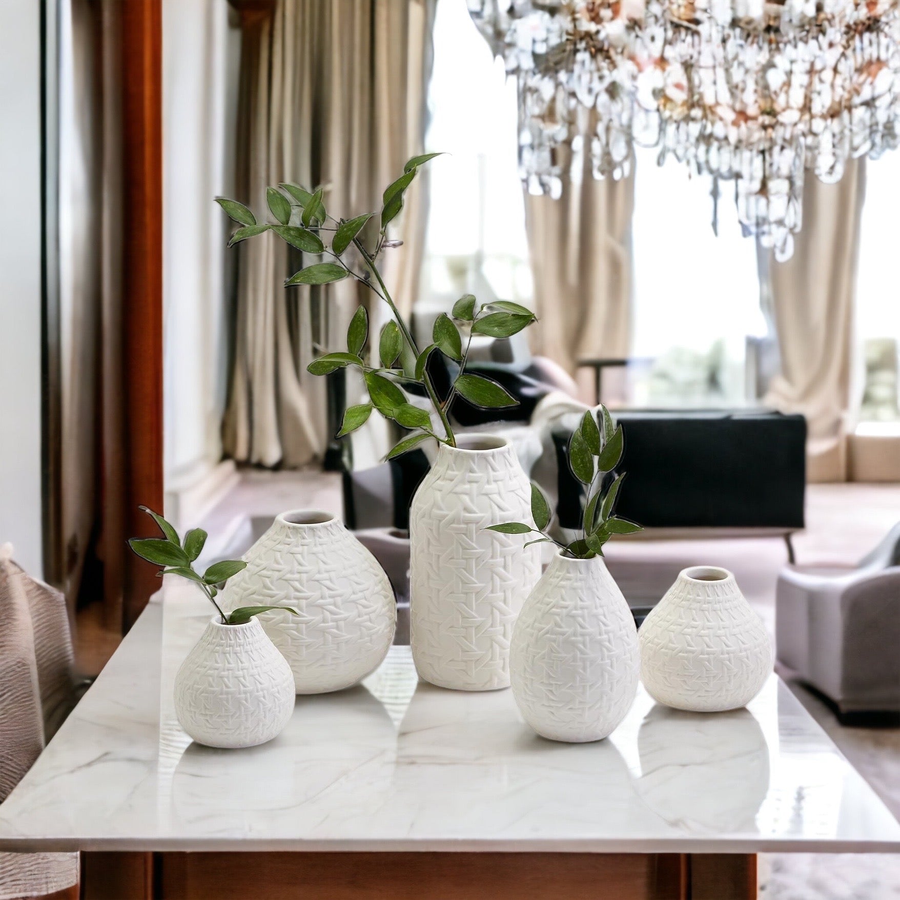 Madison Web Vases featuring embossed cane webbing design in assorted sizes, perfect for floral arrangements or as decorative pieces.