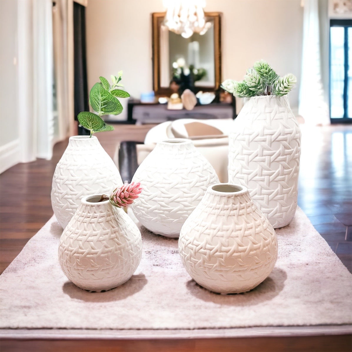 Madison Web Vases featuring embossed cane webbing design in assorted sizes, perfect for floral arrangements or as decorative pieces.