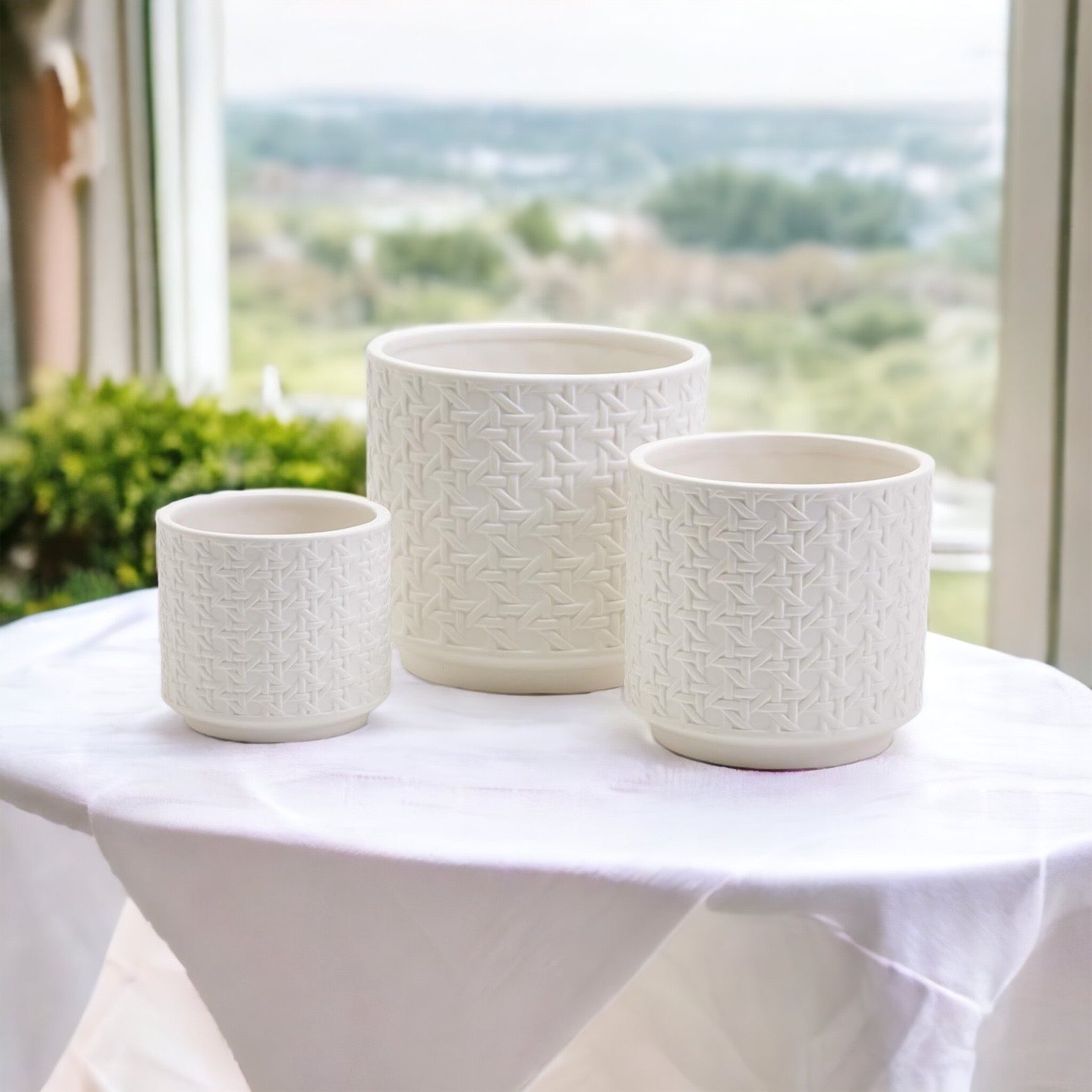 Madison Web Vases featuring embossed cane webbing design in assorted sizes, perfect for floral arrangements or as decorative pieces.