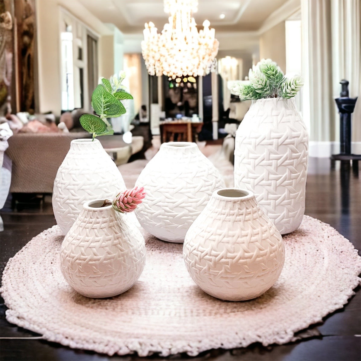 Madison Web Vases featuring embossed cane webbing design in assorted sizes, perfect for floral arrangements or as decorative pieces.