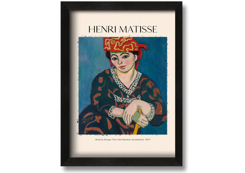 Madras Rouge by Henri Matisse, a vibrant canvas print featuring a red headdress, mounted on a sturdy box frame, ready to hang.