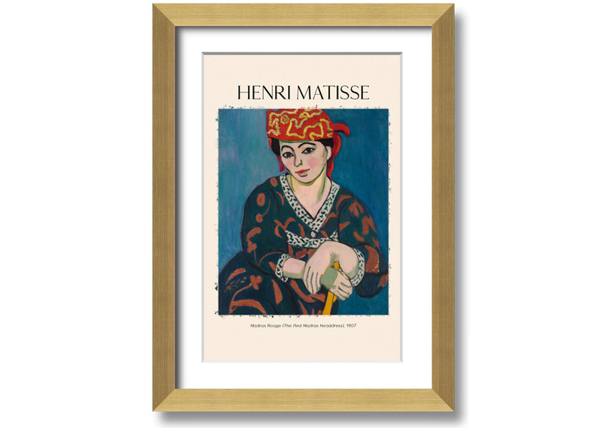 Madras Rouge by Henri Matisse, a vibrant canvas print featuring a red headdress, mounted on a sturdy box frame, ready to hang.