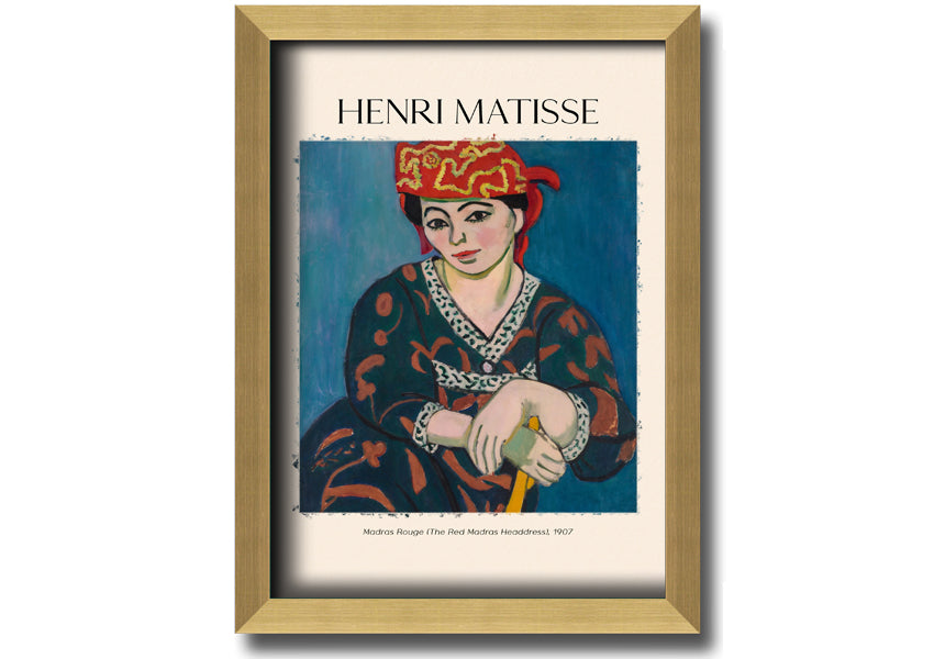 Madras Rouge by Henri Matisse, a vibrant canvas print featuring a red headdress, mounted on a sturdy box frame, ready to hang.