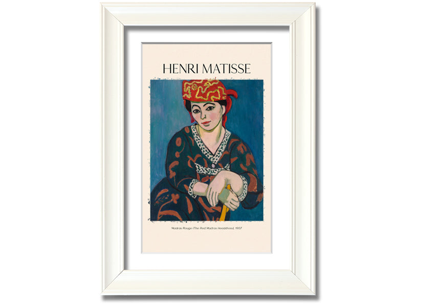 Madras Rouge by Henri Matisse, a vibrant canvas print featuring a red headdress, mounted on a sturdy box frame, ready to hang.