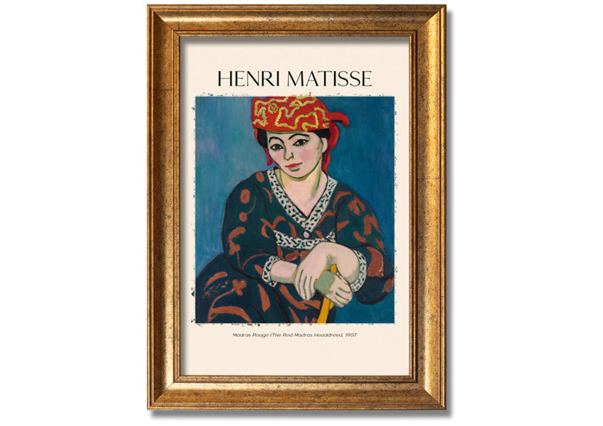 Madras Rouge by Henri Matisse, a vibrant canvas print featuring a red headdress, mounted on a sturdy box frame, ready to hang.
