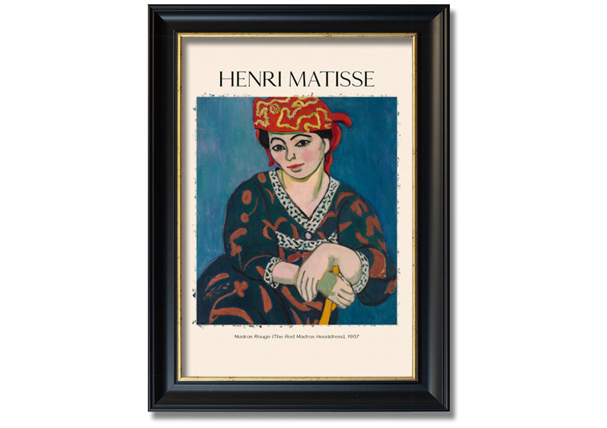 Madras Rouge by Henri Matisse, a vibrant canvas print featuring a red headdress, mounted on a sturdy box frame, ready to hang.