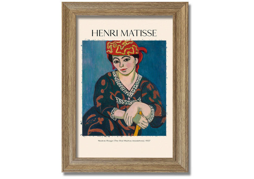 Madras Rouge by Henri Matisse, a vibrant canvas print featuring a red headdress, mounted on a sturdy box frame, ready to hang.