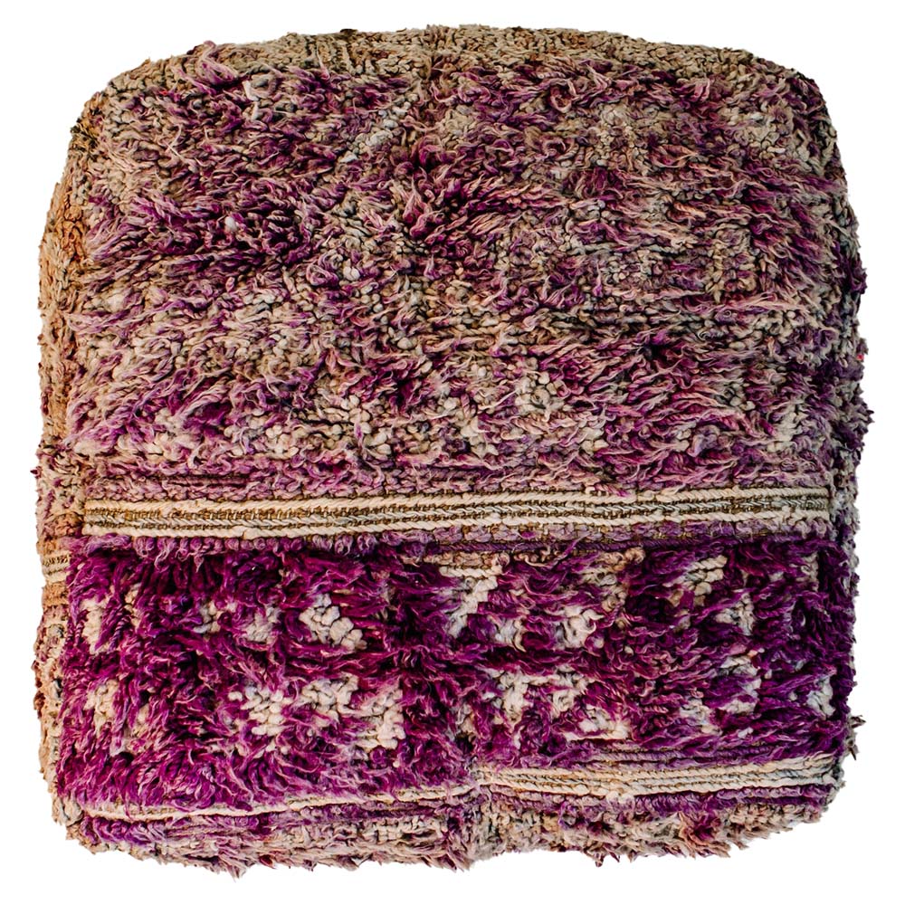 Magical Mystery Berber Pillow, 28x28 inches, handmade from vintage purple and brown wool rug, showcasing intricate patterns and vibrant colors.
