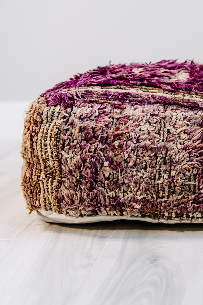 Magical Mystery Berber Pillow, 28x28 inches, handmade from vintage purple and brown wool rug, showcasing intricate patterns and vibrant colors.